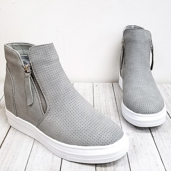 New Gray Perforated Wedge Platform Sneakers - Picture 3 of 5